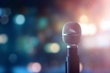 A blurred bokeh background with a spotlight on a microphone, representing business presentations or public speaking - business concept, bokeh Generative AI