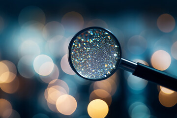 An abstract close-up of a magnifying glass or loupe with bokeh lights, symbolizing business investigation and research - business concept, bokeh Generative AI