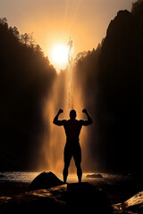silhueta de homem fisiculturista em bela pose dinâmica, cachoeira, hora de ouro