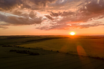 Wall Mural - Aerial landscape view of yellow cultivated agricultural field with ripe wheat on vibrant summer evening