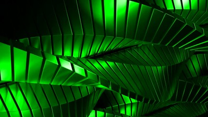 Poster - Green and yellow background. Design. Rectangular parts creating a pattern twisting in different directions in abstraction.