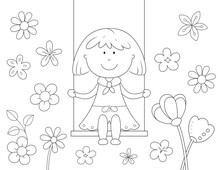 Girl On Swing And Flowers Coloring Page. You Can Print It On 8.5x11 Inch Paper