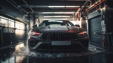 Car wash, car wash foam water, Automatic car wash in action. AI generated illustration