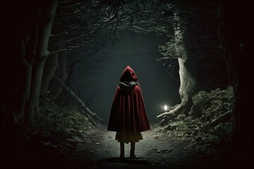 Little red riding hood in the dark woods at night, style dingy