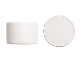 cream jar. White glass cosmetic package,Face creme pack, container template. Skin blush care gel jar, round design. Medical ointment template, isolated on a transparent background, top view, cut out