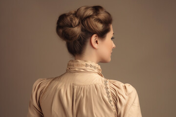 Woman dressed in Victorian era 20th century clothing on beige background, created with Generative AI Technology