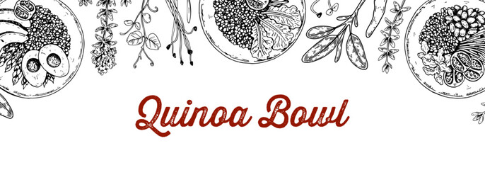 Wall Mural - Quinoa bowl background. Hand drawn vector illustration in sketch style. Restaurant menu design.