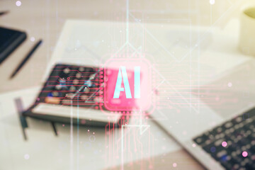 Poster - Creative artificial Intelligence symbol hologram on blurry calculator and computer background. Double exposure