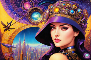 Wall Mural - A woman with a hat and a futuristic city in the background with a bird flying above her head, highly detailed art deco digital painting, fantasy art. Generative AI