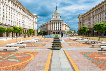 National Assembly of Bulgaria and council of ministers at independence square in Sofia.