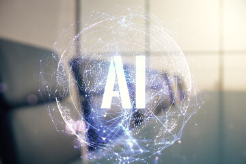 Poster - Creative artificial Intelligence symbol hologram on a modern coworking room background. Double exposure