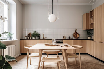 Wall Mural - Scandinavian kitchen with wooden and white details. Minimalist interior design. Generative AI