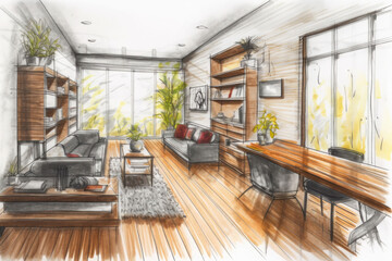 Detail focused hand drawn sketch of the interior of a sleek modern home. Generative AI