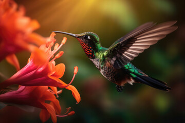 Wall Mural - Colored tropical bird and surreal flowers. The hummingbird flies near to flower. Generative AI