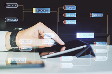 Poster - Double exposure of abstract creative programming illustration and finger clicks on a digital tablet on background, big data and blockchain concept