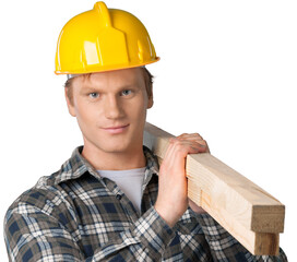 Wall Mural - Worker wearing hard hat and carrying timber. Isolated on white