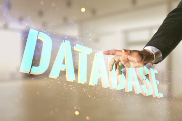 Poster - Double exposure of male hand clicks on Database word sign on blurred office background, global research and analytics concept