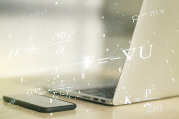 Aufkleber - Creative scientific formula concept on modern laptop background. Multiexposure