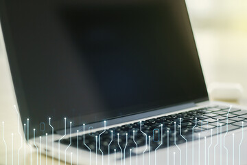 Aufkleber - Creative abstract micro circuit sketch on modern laptop background, future technology and AI concept. Double exposure