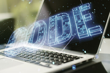 Aufkleber - Creative Code word hologram on modern computer background, artificial intelligence and neural networks concept. Multiexposure