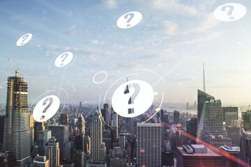 Aufkleber - Abstract virtual question mark illustration on New York city skyline background. FAQ and search concept. Multiexposure