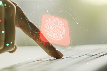 Aufkleber - Double exposure of abstract creative fingerprint hologram with hands typing on laptop on background, research and development concept