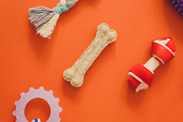 Wall Mural - Frame with dogs rubber and textile toys, snacks, bones on orange background. Close up. Accessories for dogs	