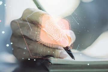 Aufkleber - Abstract creative fingerprint illustration with woman hand writing in diary on background, personal biometric data concept. Multiexposure