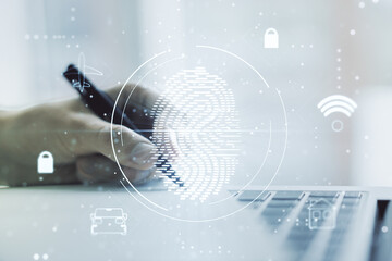 Aufkleber - Multi exposure of abstract fingerprint scan interface with hand writing in notepad on background with laptop, digital access concept