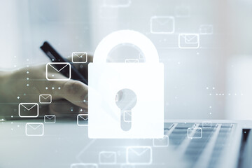 Poster - Creative concept with lock symbol and postal envelopes illustration and hand writing in notebook on background with laptop. Protection and firewall concept. Multiexposure