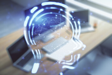 Aufkleber - Creative artificial Intelligence concept with human head hologram and modern desktop with computer on background. Multiexposure
