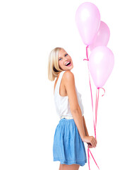 Balloons, smile and portrait of woman for happy valentines day, birthday and isolated on transparent png background. Female, party and excited celebration with balloon of anniversary, gift or present