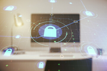 Aufkleber - Creative lock sketch with chip hologram on modern laptop background, protection of personal data concept. Multiexposure