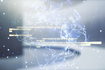 Aufkleber - Abstract virtual coding illustration and world map on modern interior background, international software development concept. Multiexposure