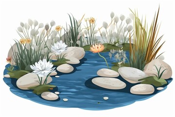Flat styled image of a small blue decorative pond with white water lilies, bulrush plants, stones, and fish, isolated on a white oval water reservoir for use in landscaping. Generative AI