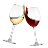 red and white Wine splash in glass isolated on white background, full depth of field