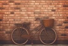 A Bicycle Parked Against A Brick Wall With A Basket On The Front Of It's Front Wheel, And A Basket On The Back Of The Front Wheel.  Generative Ai