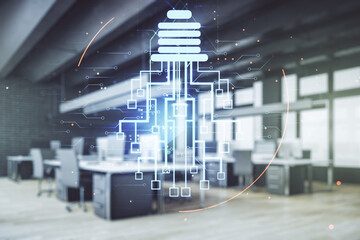 Aufkleber - Double exposure of virtual creative light bulb hologram with chip on modern corporate office background, idea and brainstorming concept