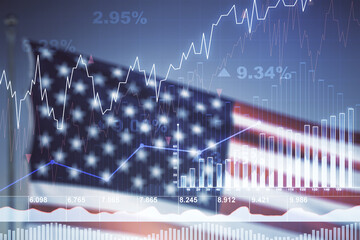 Poster - Double exposure of virtual creative financial diagram on US flag and blue sky background, banking and accounting concept