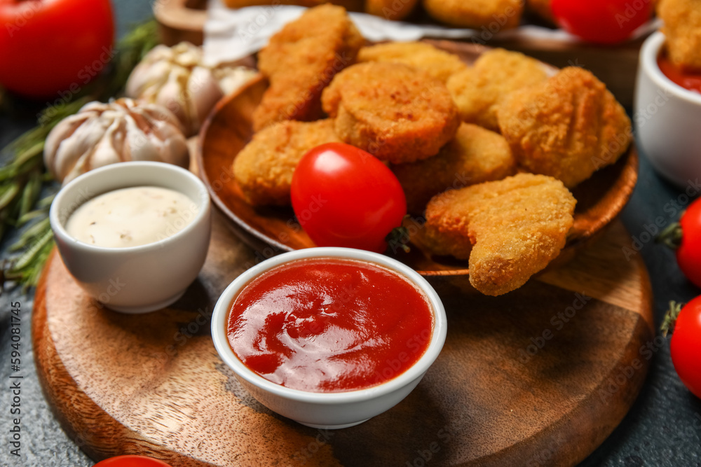 Bowl with tasty ketchup and nuggets on table, closeup