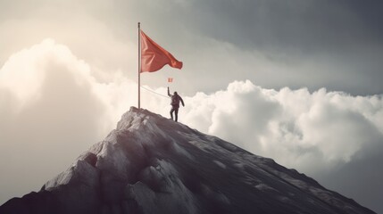 businessman with flag standing on mountain top. businessman climbing for business success goals. gen