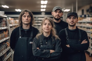 Advertising portrait shot of a worker team standing together in a supermarket and they look at the camera. Generative AI