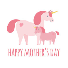 Wall Mural - Vector happy pink Mother’s Day lettering and unicorn isolated on white background