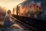 Fototapeta  - Graffiti Writer at work in the sunset at the train line