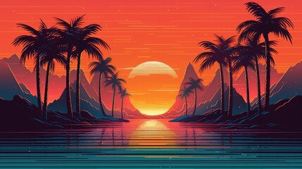 Synthase sunset landscape with palm trees 80s retro. Generative AI