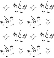 Wall Mural - Vector seamless pattern of hand drawn sketch doodle unicorn face isolated on white background