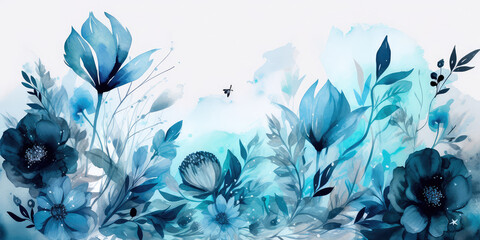 Watercolor floral background with dreamy intricate details playing with pastel hues and mysterious black and blue plants. Generative AI