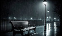 Bench In The Night, Bench In A Park In The Evening Of A Rainy Day Illuminated By A Street Lamp, Image Created With Ai
