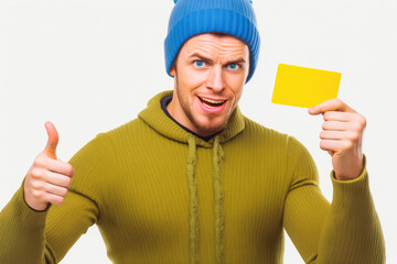 Young brown-haired man with hat holding credit card wearing casual clothes smiling happy and positive, thumb up doing excellent and approval sign.