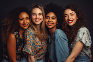 Wall Mural - Four fun loving playful smiling multiethnic women posing in the studio against gray background. Generative AI.